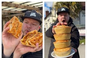 Fat Foodie Chris Hardy with the new special-edition pies. Photos supplied