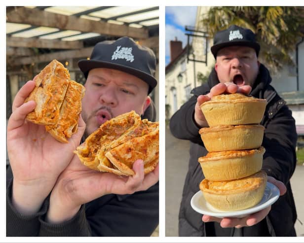 Fat Foodie Chris Hardy with the new special-edition pies. Photos supplied