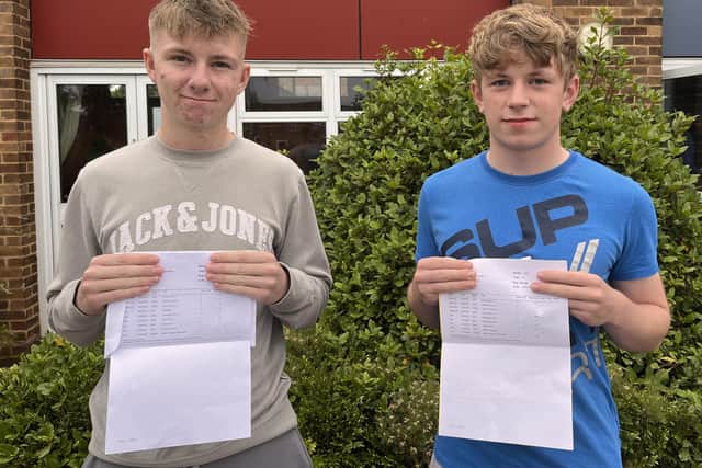 Richard Phipps (L) and Thomas Unett (R) celebrate their results at Ashlawn School
