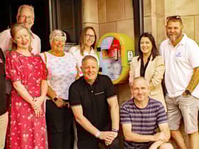 Launching the 52nd defibrillator with Jamie's family, theatre representatives and the companies who have helped make it possible. Picture: Patrick Joyce.