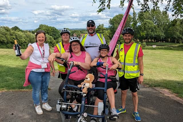 Fundraisers Alex Pearson and Emma Brayne at the final destination, Hatton Arms with Adam Brayne, David Fletcher and Rachel Ollerenshaw. Photo supplied