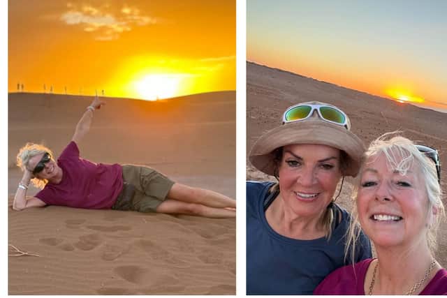 Michelle Love completed the dhallenge in memory of her dad. Right: Michelle and Sharon Goodfellow trekked 100km across the Sahara Desert, raising nearly £10,000 for Alzheimer's Society.