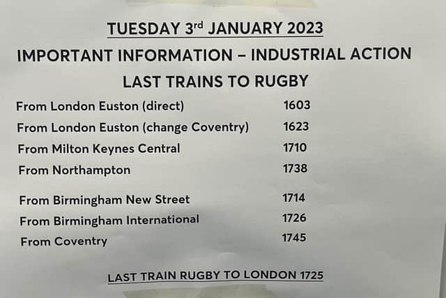 One of the notices on display at Rugby station highlighting the early finish to the limited train service running today, Tuesday, December 3.