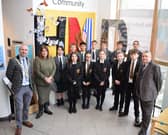 Students from Houlton and Harris secondary schools joined (left to right) the Mayor of Rugby, Cllr Simon Ward, Cllr Maggie O'Rourke, Rugby Borough Council portfolio holder for partnerships and wellbeing, and Cllr Neil Sandison, the council's Liberal Democrat spokesperson for partnerships and wellbeing, at the Holocaust Memorial Day display at Rugby Art Gallery and Museum.