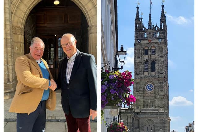 Left photo shows: Rector of St Mary’s Church, the Reverend Canon Angus Aagaard with John Edwards, chair of the tower project team. Photo supplied