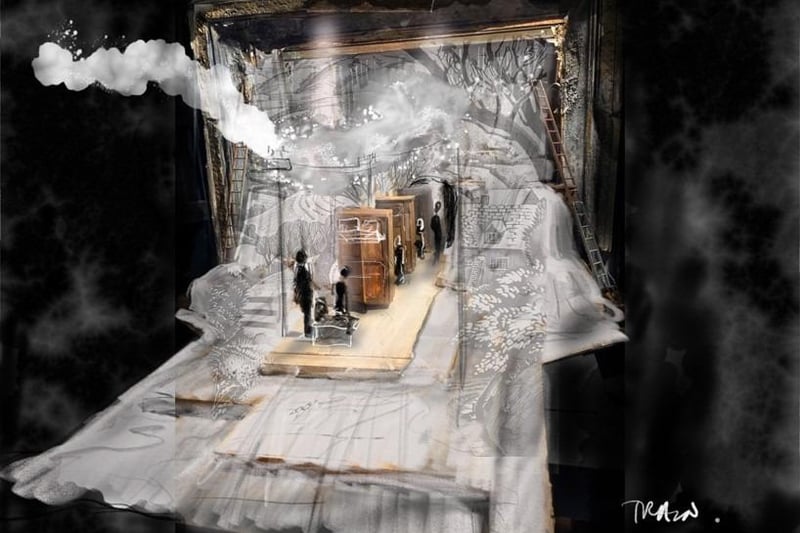 Stage designer Tom Piper's a sketch of a scene near the beginning of the story when Kay Harker is on the train