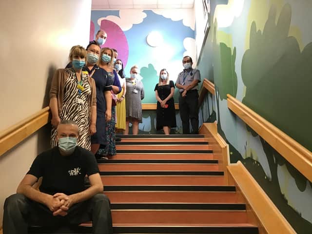 Escape Arts partnered with Leamington-based BRINK Contemporary Arts to help transform a large hospital stairwell at Warwick hospital, which was also supported by the SWFT Charity.  Photo supplied