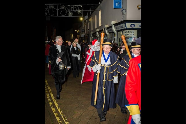 A procession of members of the Warwick Court Leet made its way to the Market Square for the lights switch on. Photo by Mike Baker