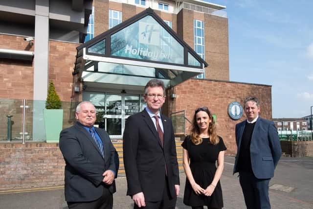 L-R Glyn Slade, Shakespeare’s England’s Business Development Officer, Jeremy Wright, MP for Kenilworth and Southam, Jess Biggs, Operations Manager at The Holiday Inn, Daniel Graham, General Manager of The Holiday