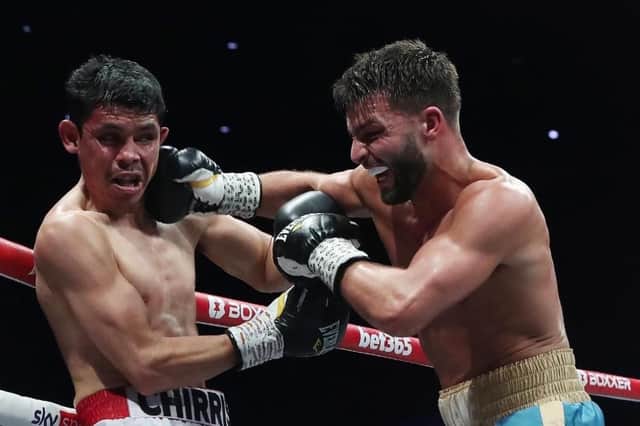 Leamington boxer Danny Quartermaine made it nine wins out of nine professional fights last weekend when he beat Mexican Christian Lopez Flores at the Resorts World Arena in Birmingham. Picture courtesy of Reece Singh PR.