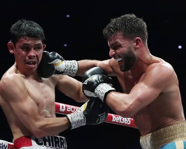 Leamington boxer Danny Quartermaine made it nine wins out of nine professional fights last weekend when he beat Mexican Christian Lopez Flores at  the Resorts World Arena in Birmingham. Picture courtesy of Reece Singh PR.