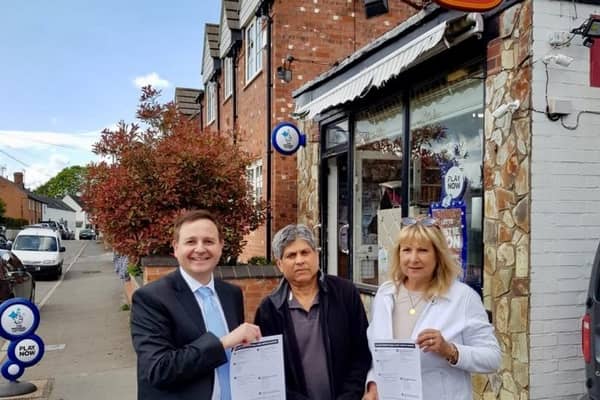 Alberto Costa with former postmaster Nav Vara and Cllr Rosita Page outside the Ullesthorpe post office in 2019.