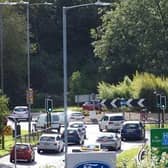 A view of the current Avon Mill roundabout, taken from the old railway viaduct. Photo: Warwickshire County Council.