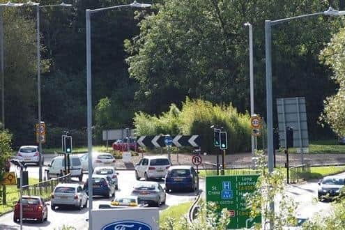 A view of the current Avon Mill roundabout, taken from the old railway viaduct. Photo: Warwickshire County Council.