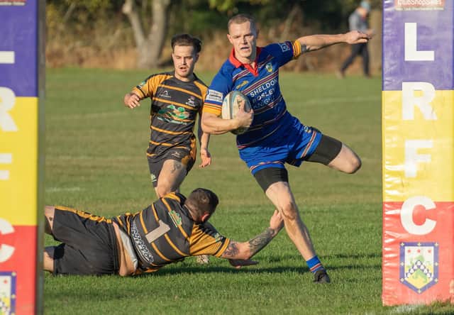 Leamington 1st team debutant Jim Reed scores a try. Pic by Ken Pinfold.