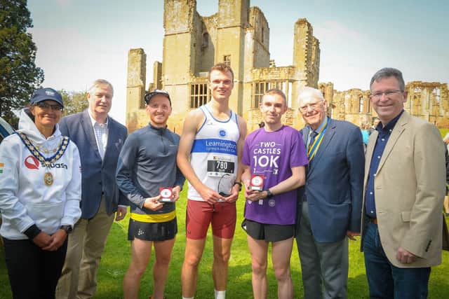 Alison Insley (Deputy Mayor Of Kenilworth), David Lester (Senior Partner at Blythe Liggins Solicitors), Andy Lawrence (second place male runner), Callum Hanlon (first place male runner), Rhys Doherty (third place male runner), Maurice Holden (President of Kenilworth Rotary Club), and Sir Jeremy Wright (MP for Kenilworth and Southam)