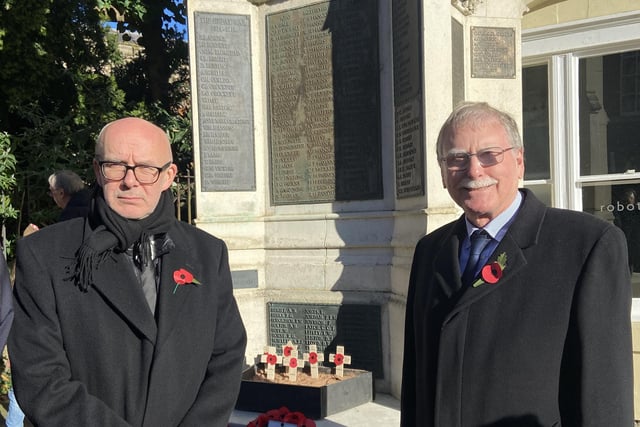 Warwick and Leamington MP Matt Western with Cllr John Holland at the war memorial. Photo by Matt Western