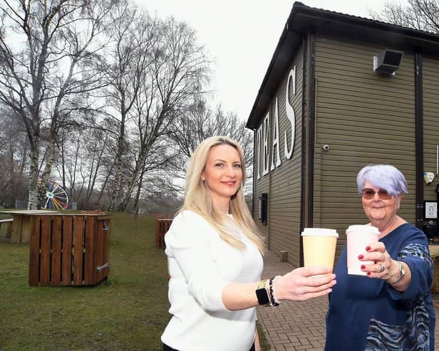 Left, Sarah Exall, owner of The Pit Stop Coffee Shop at Pooley Country Park, with Warwickshire County Councillor Marian Humphreys.