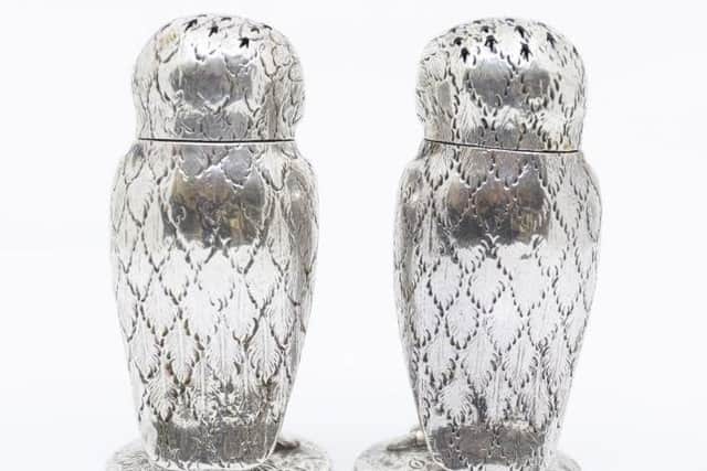 The back of the two Victorian silver novelty owl pepper pots which sold at auction. Photo by Hansons Auctioneers