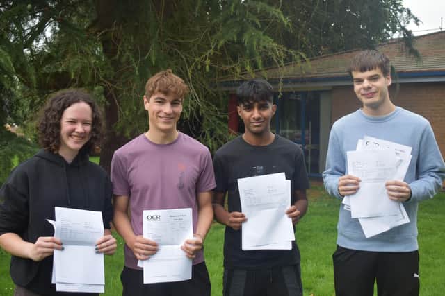 Myton Sixth Form students Luke Thacker, Nikhil Mathew, Alex Spurway and Thomas Fear. Celebrate their A level results Picture supplied.