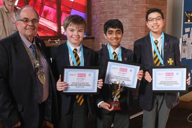 The runners up in the Intermediate competition Arnav Mulay, Youssef Mourkus and Rufus Round from King Edward VI School, Stratford