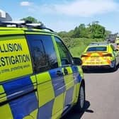 Crash investigators are appealing for witnesses after a motorbike rider was seriously injured on the A5 on Sunday