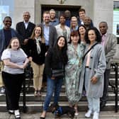Those attending the reception at the Mayor's Parlour on Friday, gathered on the town hall steps before starting their discussions about a memorial.