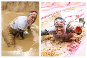 Phil Hibble in the mud and on the waterslide (photos by Peachsnaps)