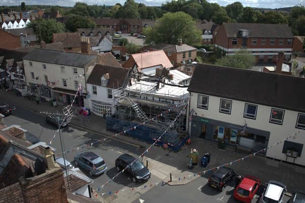 The Three Tuns in Alcester was damaged when a fire broke out in April 2021. (Photo Bond Wolfe).