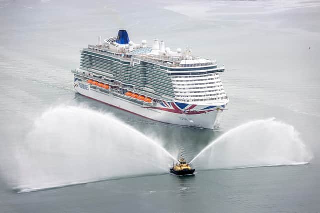 Britain’s largest and most environmentally-friendly cruise ship, Iona, arrives into her home port of Southampton ahead of her naming ceremony