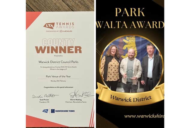 ‘Warwick District Parks’ team received the WALTA Warwickshire’s ‘Park of the Year’ award for the delivery of affordable and free tennis sessions at the three Council ownedfacilities at Victoria Park and Christchurch Gardens in Leamington and St Nicholas Park in Warwick. Pictures supplied.