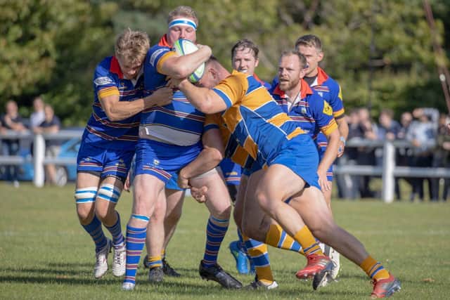 Leamington Second Row, John Breat, taking on the Old Leamingtonians defence.