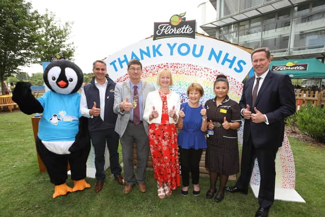The Lord Mayor and Mayoress of Coventry, Simon Davis from Florette, UHCW CEO Andy Hardy and Margaret Kennan all give a thumbs up to celebrate the NHS birthday