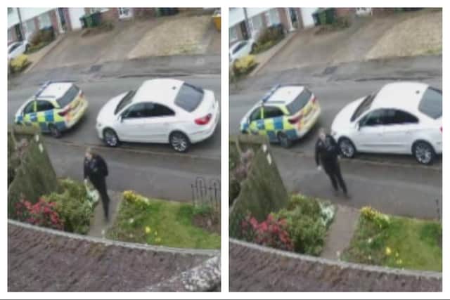 CCTV footage of a Warwickshire Police officer visiting LInda Bromley's home in Warwick on Friday March 14.