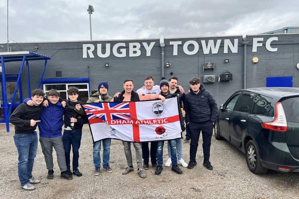 Oldham Athletic fans at Rugby Town FC (Photo by The Oldham Groundhopper)
