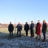 Pictured at Grounds Farm: Kenilworth: Paul Garrison – Warwick District Council, Project Manager, Cllr Alan Rhead – Warwick District Council, Portfolio Holder for Climate Change, Sally Eadon – Warwickshire Wildlife Trust, Henry Lucas – Farmer, Amy Bambridge – Heart of England Forest, Site Delivery Officer, Zoe Bell – Arden Farm Wildlife Network (AFWN) Facilitator.