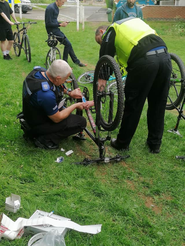 Officers from Warwickshire Police's Whitnash Safer Neighbourhood Team put  free security coding on bikes at the event.