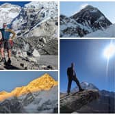Clockwise from top left: Phil at base camp; Everest at sunrise; Phil near the top of Nangkar Tshang; Sun setting over Everest and Nuptse.