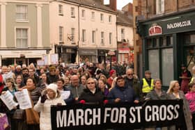 Hundreds of Rugbeians marched on the streets to register their strong and noisy protest at the proposed closure of the Hoskyn ward at The Hospital of St Cross. Photo: Pat Joyce.