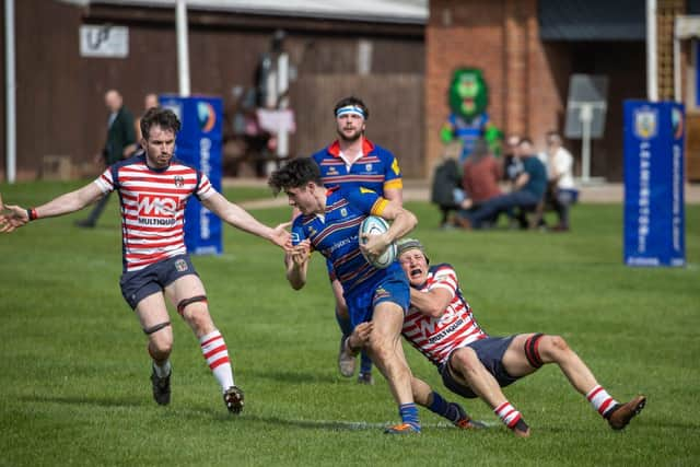 Leamington Fly-Half, Lewis Vaughan, on the break, picture by Ken Pinfold.