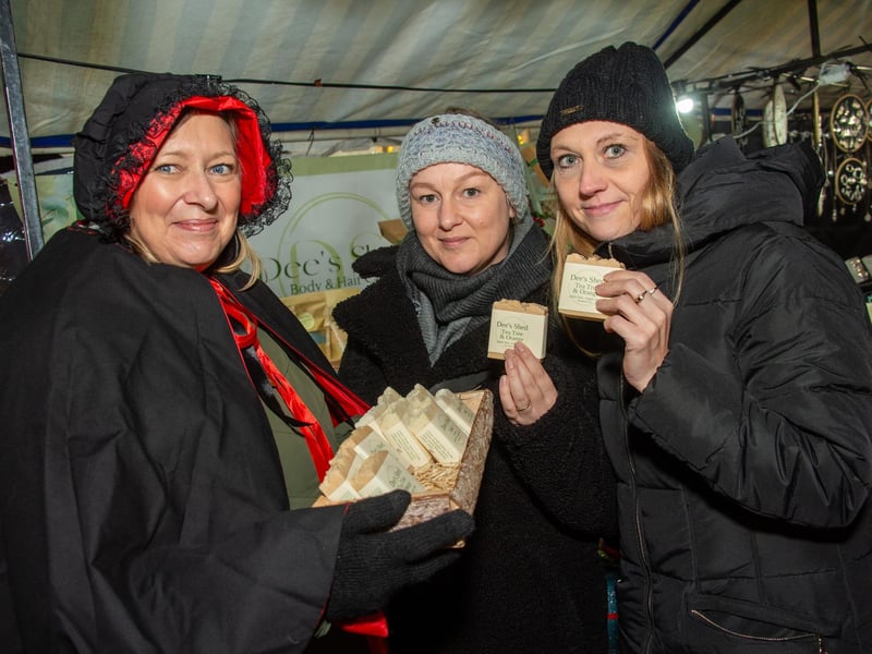 Warwick town centre, hosted the annual Victorian Evening, with a variety of stalls and attractions and also included the Christmas lights switch on.  Pictured: Dee, Liz & Anne