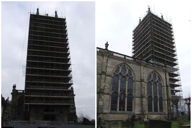 Scaffolding has now reached the top of St Mary's Tower ahead of restoration work taking place. Photo by Geoff Ousbey