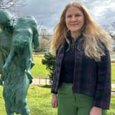 Councillor Ella Billiald alongside the Bridgeman sculpture. Credit: Warwick District Council