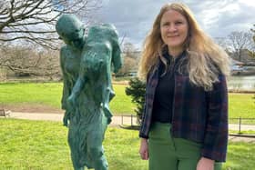 Councillor Ella Billiald alongside the Bridgeman sculpture. Credit: Warwick District Council