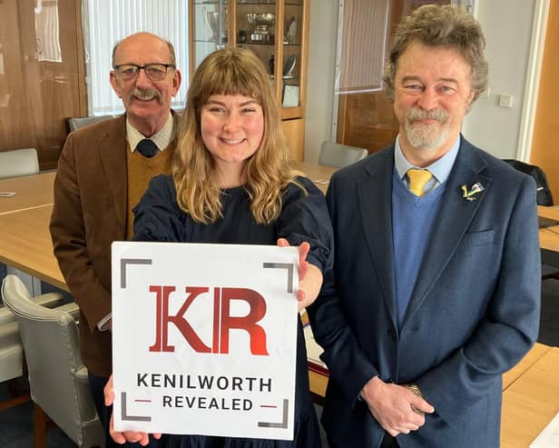 From left to right is Tony Shakespeare from Kenilworth History & Archaeology Society, Amy Stewart from Zubr Virtual Reality Ltd and Cllr Alan Chalmers, Town Mayor and leader of the project from Kenilworth Town Council.