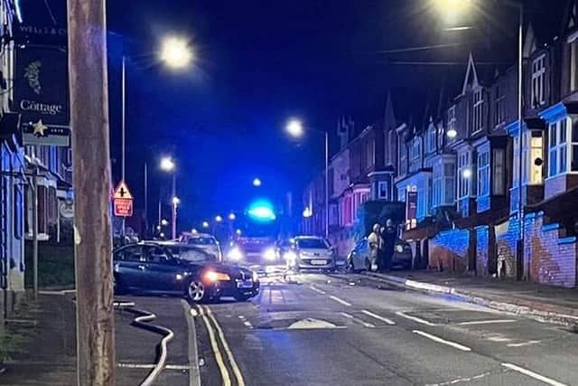 The major incident happened after a blue Saab crashed into two cars and then a gas main in Stoneleigh Road, following a high speed police chase.