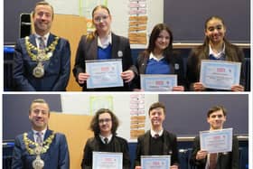 Top photo shows: Intermediate winners from Kingsley School with Warwick Mayor Cllr Oliver Jacques. The team were Annabel Beatty, Natasha Thomas and Shivon Kaur. Bottom photo shows Senior Winners from Kineton School with Warwick Mayor Cllr Oliver Jacques. The team were Archie Flude, Ryan Taylor and Benjy Brannan. Photos supplied