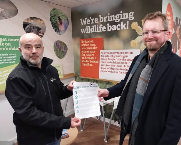 John Slinger, the Labour Party’s candidate for Rugby at the next general election, with the CEO of Warwickshire Wildlife Trust, Ed Green.