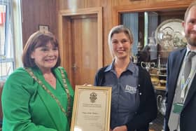 Mayor Maggie O'Rourke with Cllr Slinger presenting the award to Street Pastor's coordinator Dawn Thurkettle.