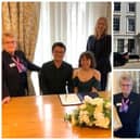 Alexander and Hannah at their marriage ceremony in Pageant House as shows in left photo and bottom right. Top right shows Pageant House in Jury Street in Warwick. Photos supplied by Warwickshire County Council